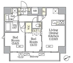 東京メトロ千代田線 町屋駅 徒歩3分の賃貸マンション 11階2LDKの間取り