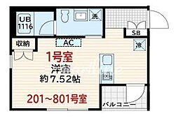 都営大江戸線 両国駅 徒歩8分の賃貸マンション 2階ワンルームの間取り