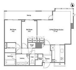 東京メトロ南北線 麻布十番駅 徒歩3分の賃貸マンション 34階2LDKの間取り