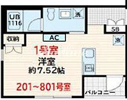 都営大江戸線 両国駅 徒歩8分の賃貸マンション 6階ワンルームの間取り