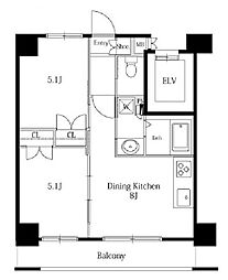 JR山手線 恵比寿駅 徒歩11分の賃貸マンション 7階2DKの間取り