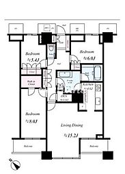 都営大江戸線 勝どき駅 徒歩5分の賃貸マンション 36階3LDKの間取り