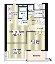 東京メトロ有楽町線 新富町駅 徒歩2分の賃貸マンション 4階2DKの間取り