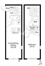 東京メトロ東西線 飯田橋駅 徒歩3分の賃貸マンション 4階1LDKの間取り