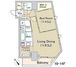 東京メトロ日比谷線 茅場町駅 徒歩6分の賃貸マンション 13階1LDKの間取り