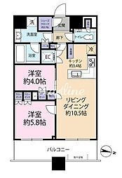 都営大江戸線 勝どき駅 徒歩6分の賃貸マンション 6階2LDKの間取り