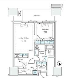 東京メトロ南北線 六本木一丁目駅 徒歩1分の賃貸マンション 9階1LDKの間取り
