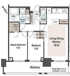 東京メトロ南北線 六本木一丁目駅 徒歩6分の賃貸マンション 14階2LDKの間取り