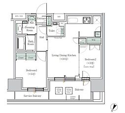 JR京浜東北・根岸線 田町駅 徒歩8分の賃貸マンション 13階2LDKの間取り