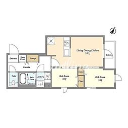 東京メトロ千代田線 千駄木駅 徒歩6分の賃貸マンション 2階2LDKの間取り