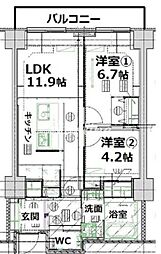 JR山手線 目黒駅 徒歩2分の賃貸マンション 6階2LDKの間取り