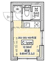 東急目黒線 武蔵小山駅 徒歩3分の賃貸マンション 4階ワンルームの間取り