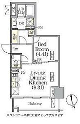 東京メトロ東西線 神楽坂駅 徒歩12分の賃貸マンション 8階1LDKの間取り