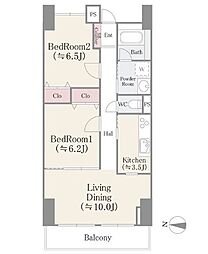 都営新宿線 西大島駅 徒歩8分の賃貸マンション 3階2LDKの間取り