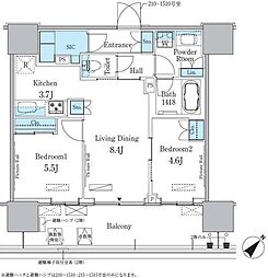 都営大江戸線 勝どき駅 徒歩20分の賃貸マンション 16階2LDKの間取り