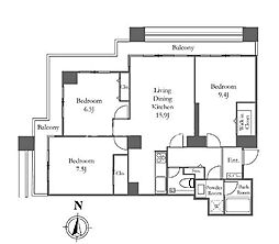 東京メトロ有楽町線 月島駅 徒歩5分の賃貸マンション 34階3LDKの間取り