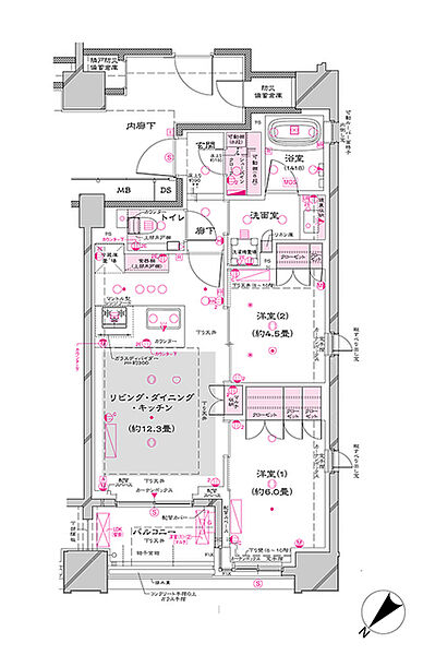 東京都中央区築地７丁目(賃貸マンション2LDK・3階・54.36㎡)の写真 その2