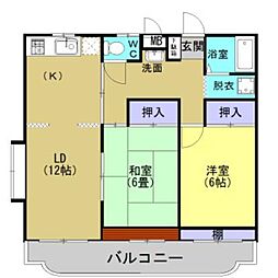 鹿児島市電1系統 笹貫駅 桜ヶ丘六丁目公園前下車 徒歩23分の賃貸マンション 2階2LDKの間取り