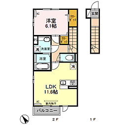 JR鹿児島本線 川内駅 火扇下車 3.5kmの賃貸アパート 2階1LDKの間取り