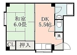 鹿児島市電1系統 新屋敷駅 徒歩10分の賃貸マンション 2階1DKの間取り