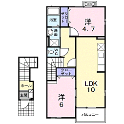 肥薩おれんじ鉄道 上川内駅 バス10分 御陵下下車 徒歩10分の賃貸アパート 2階2LDKの間取り