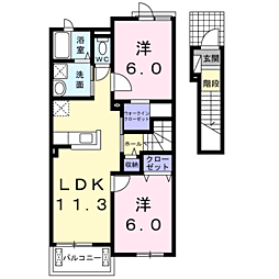JR鹿児島本線 伊集院駅 徒歩18分の賃貸アパート 2階2LDKの間取り