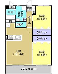 JR鹿児島本線 川内駅 徒歩7分の賃貸マンション 1階2LDKの間取り