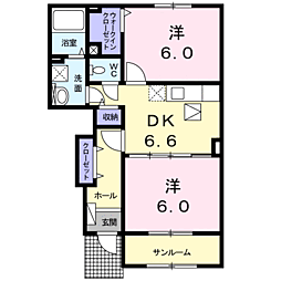JR鹿児島本線 隈之城駅 徒歩21分の賃貸アパート 1階2DKの間取り