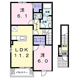 JR鹿児島本線 川内駅 バス7分 宮崎下車 徒歩6分の賃貸アパート 2階2LDKの間取り