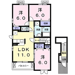 JR鹿児島本線 伊集院駅 徒歩12分の賃貸アパート 2階3LDKの間取り