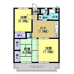 JR指宿枕崎線 宇宿駅 桜ヶ丘5丁目バス停下車 徒歩29分の賃貸マンション 2階3DKの間取り