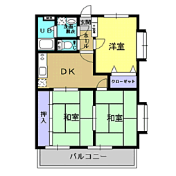 鹿児島市電2系統 鹿児島駅前駅 三文字下車 7.2kmの賃貸マンション 3階3DKの間取り