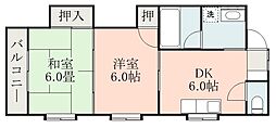 鹿児島市電1系統 笹貫駅 徒歩2分の賃貸マンション 2階2DKの間取り