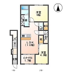 JR鹿児島本線 鹿児島駅 バス25分 吉野小学校前下車 徒歩5分の賃貸アパート 2階2LDKの間取り
