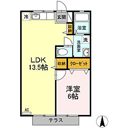 サニーヒル大峯台B棟 1LDKの間取図画像