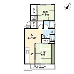 UR都市機構沖台二丁目団地2 2DKの間取図画像