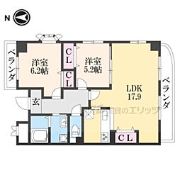 サンパティーク樟葉 4階2LDKの間取り