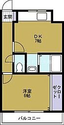 一岡ハイツ磯路 5階1DKの間取り