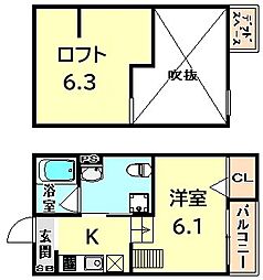 スカイヴィラ東難波 1階1Kの間取り