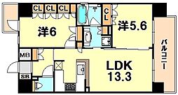 リーガル神戸三宮 3階2LDKの間取り