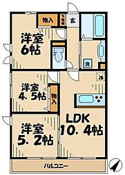 JR横浜線 相模原駅 徒歩12分の賃貸アパート 3階3LDKの間取り