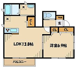 小田急小田原線 相模大野駅 徒歩15分の賃貸アパート 1階1LDKの間取り