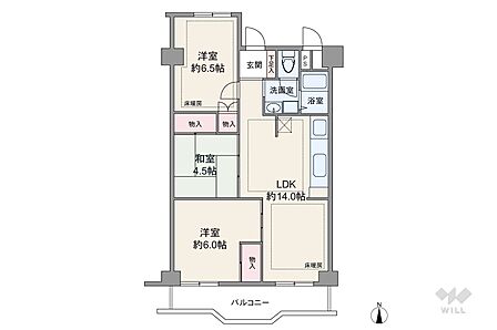 間取りは専有面積70.77平米の3LDK。玄関を入るとすぐにLDKが広がる、居住スペースを優先したプラン。和室と洋室6帖はリビングと続き間で、扉を開放して広々使用することも可能です。