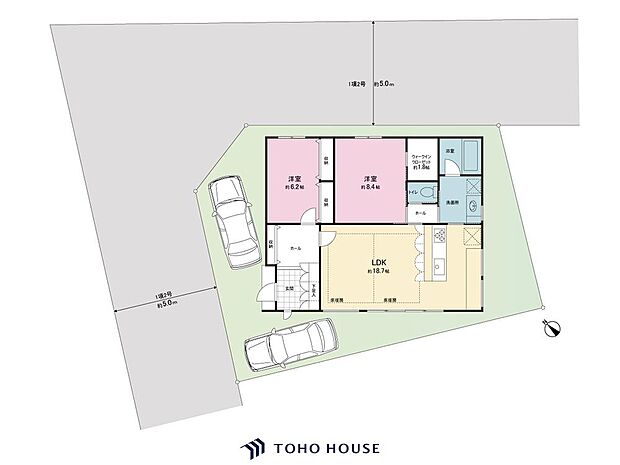 探していた素敵な間取り！が自慢の夢の平屋建てが登場です！家事導線を効率化したランドリールームを採用！18.7帖えの広々リビングには食洗器付きのキッチン！主寝室には大型WICも完備！