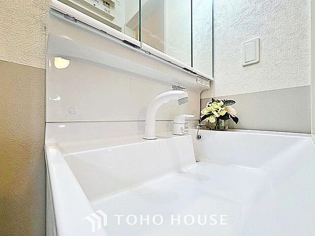 身だしなみのチェックがしやすい大きな鏡、下には収納がたっぷり。スッキリとした空間を演出いたします。