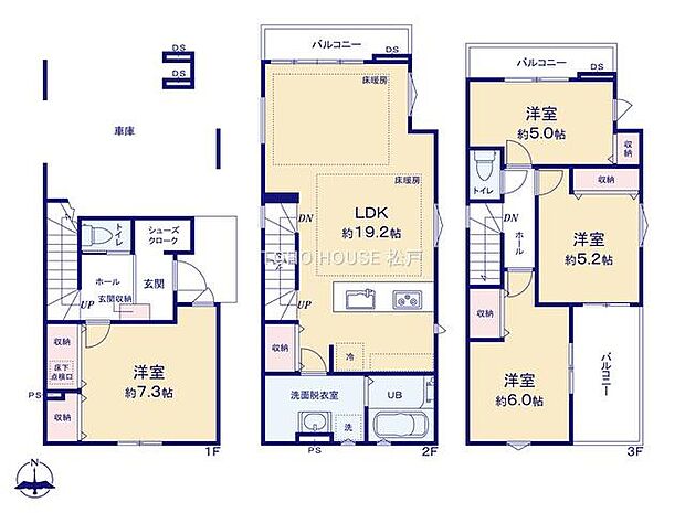 約19.2帖のゆとりあるLDKは床暖房付きで家族が自然と集まる空間に。全居室収納付き+シューズクロークなど収納も豊富。バルコニー2か所で通風・採光良好、都市型でも快適に暮らせる4LDKです。