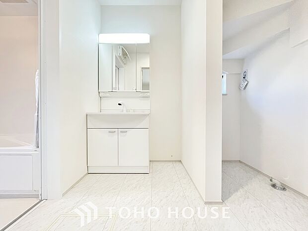 身だしなみのチェックがしやすい大きな鏡、下には収納がたっぷり。スッキリとした空間を演出いたします。