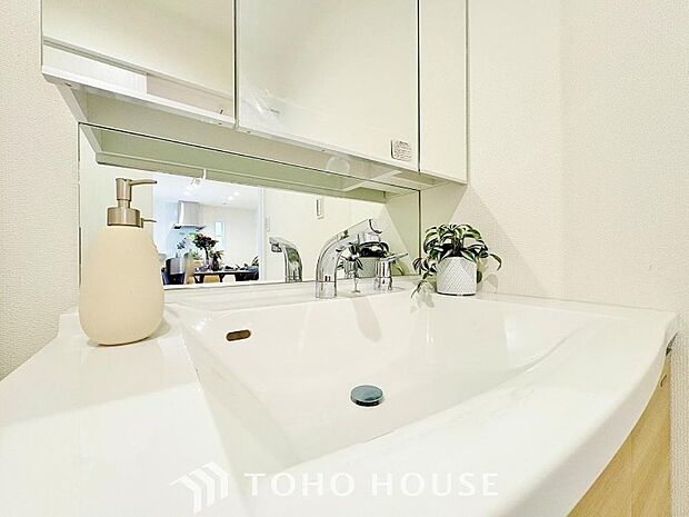 身だしなみのチェックがしやすい大きな鏡、下には収納がたっぷり。スッキリとした空間を演出いたします。