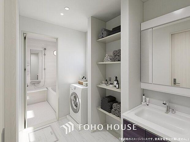 お家の中でも特にプライベートスペースとなる洗面所は、洗濯場所と浴室を同じ空間でまとめております。
