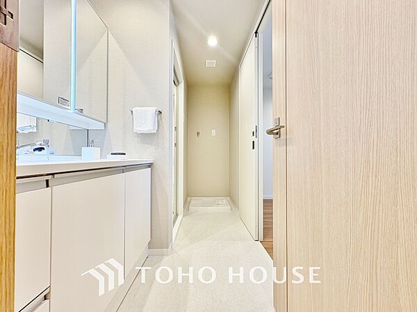身だしなみのチェックがしやすい大きな鏡、下には収納がたっぷり。スッキリとした空間を演出いたします。